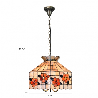 3 Light Geometric Shelly Pendant Light Tiffany Style Stained Glass Hanging Lamp in Multi Color