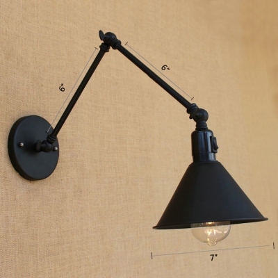 Adjustable 1 Light Cone Wall Light Loft Style Simple Iron Wall Mount Light in Black