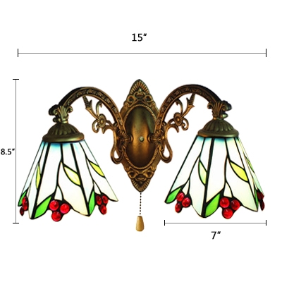 Aqua Leaf Design Lighting Fixture Tiffany Style Stained Glass 2 Heads Wall Sconce