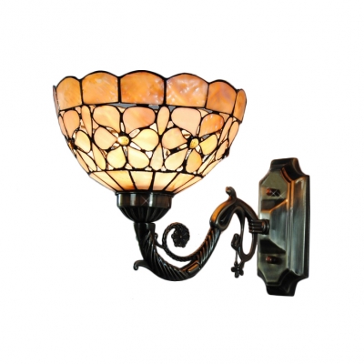 Beige Shelly Wall Sconce Tiffany Style Stained Glass Wall Lamp in Antique Brass