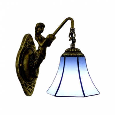 Bell Shade Accent Wall Sconce with Mermaid Tiffany Style Blue/Beige Glass Wall Lamp