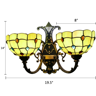 Bowl Wall Mount Light Tiffany Style Amber Glass Double Heads Wall Sconce for Bedroom