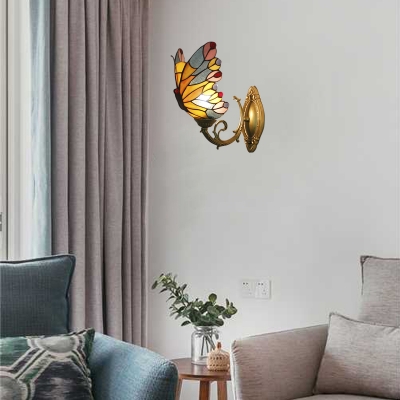 Butterfly Wall Lamp Tiffany Style Brass Wall Sconce Stained Glass for Children Room