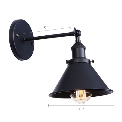 Cone Wall Sconce Vintage Iron 1 Light LED Wall Light in Black with Metal Round Base