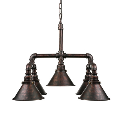Copper Patina Industrial 5 Light Chandelier in Cone Shade Wrought Iron Pipe Hanging Pendant Down Lighting
