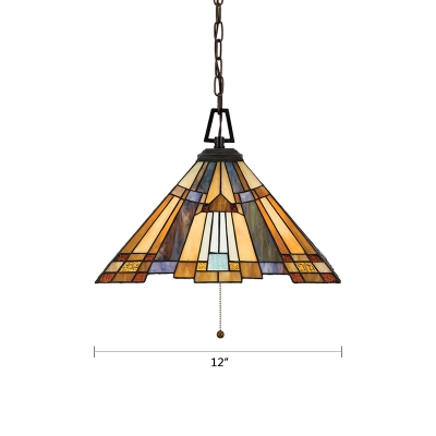 Craftsman Tiffany Geometric Hanging Lamp Stained Glass 3 Head Lighting Fixture in Multi Color