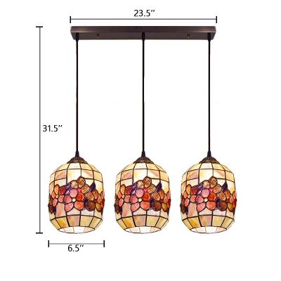 Cylinder Suspended Light Tiffany Style Shelly Triple Head Pendant Lamp for Corridor