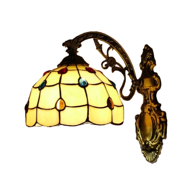 Dome Wall Sconce Tiffany Style Stained Glass Wall Light in Antique Brass for Bedroom