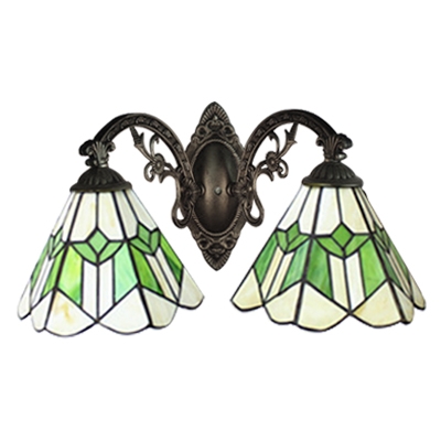 Double Head Geometric Sconce Light Tiffany Style Stained Glass Wall Lighting in Green