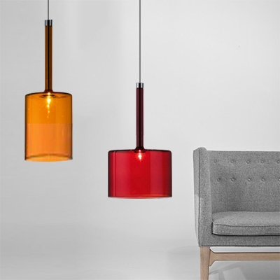 Modern Cylinder Hanging Light Fixture, Red Glass Pendant Lamp