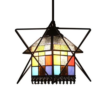 Multicolored House Suspension Light Tiffany Stained Glass 1 Light Drop Light with Iron Frame