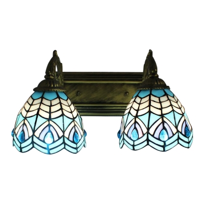 Nautical Tiffany Dome Wall Sconce Stained Glass 2 Bulbs Wall Mount Fixture in Aqua