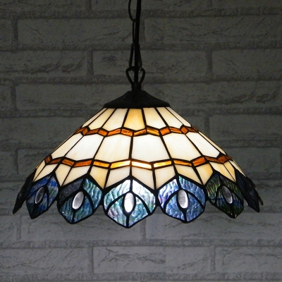 Peacock Pendant Light Tiffany Adjustable Stained Glass 1 Head Hanging Lamp in Multi Color