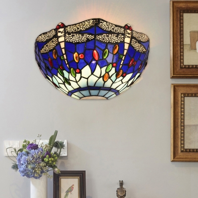 Blue/Red Stained Glass Dragonfly Motif Tiffany Style Sconce Light with Colorful Jewels Accented