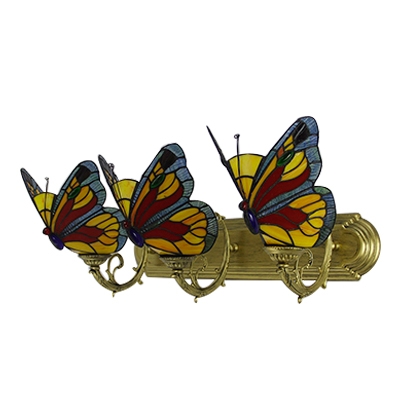 Stained Glass Butterfly Lighting Fixture Tiffany Retro Style 3 Lights Wall Lamp in Blue/Red