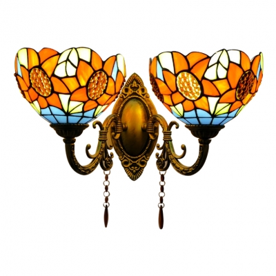 Stained Glass Sunflower Wall Lamp Tiffany Style 2 Bulbs Wall Light in Multicolor for Foyer