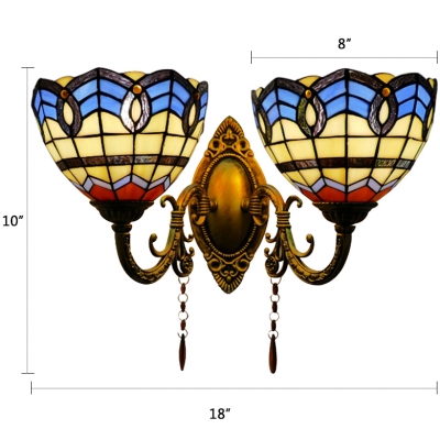 Tiffany Baroque Bowl Wall Sconce Stained Glass 2 Heads Lighting Fixture in Blue