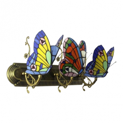 Triple Head Butterfly Wall Lamp Tiffany Retro Style Stained Glass Sconce Light in Blue and Orange
