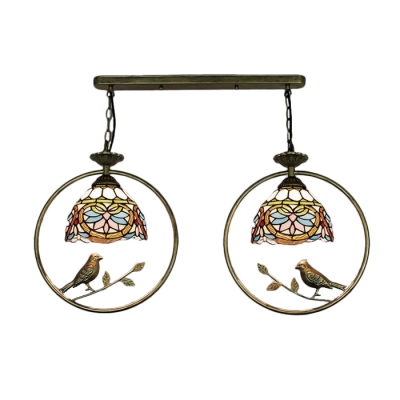 Victorian Metal Frame Drop Light Stained Glass 2 Lights Ceiling Pendant Lamp in Multi Color
