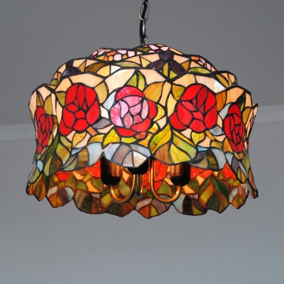 Adjustable Rose Drop Light Tiffany Style Lodge Glass 3 Light Pendant Light in Multi Color