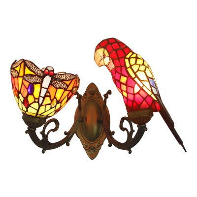 Animal and Flower Wall Lamp Tiffany Style Stained Glass Double Heads Wall Lamp in Red