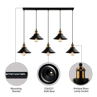 Antique Black 5 Light LED Multi Light Industrial Pendant Light with Metal Shade