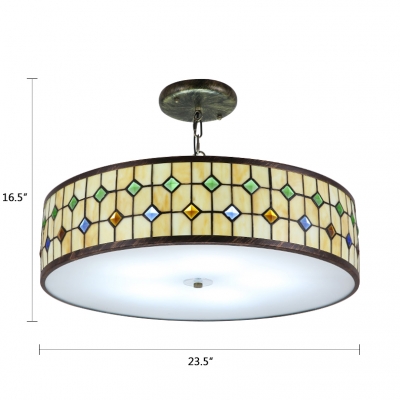 Beige Round Pendant Light Tiffany Style Stained Glass 3 Light/5 Light Suspended Light
