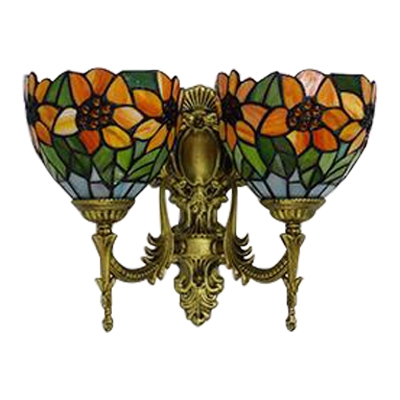 Bowl Wall Mount Fixture Tiffany Style Stained Glass Double Heads Wall Sconce in Multicolor