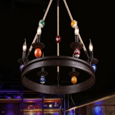 Candle Style Chandelier Industrial Vintage Iron 6 Light LED Hanging Lamp with Billiard Deco