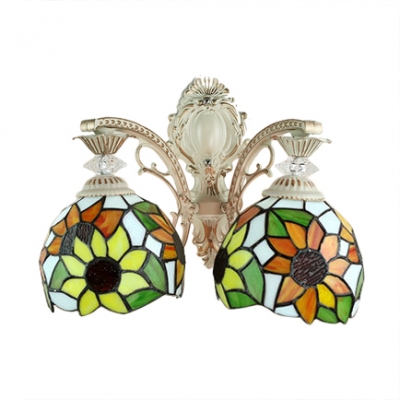 Colorful Sunflower Theme Tiffany Dome Shaped Wall Sconce with 2-Light, 14-Inch Wide
