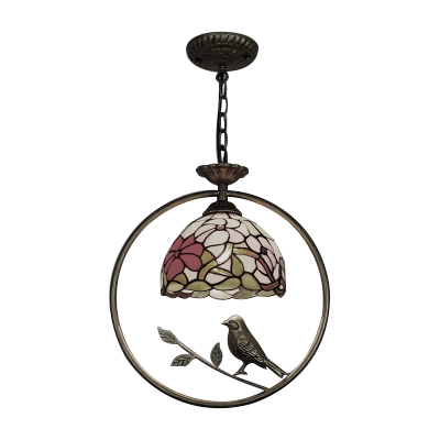 Floral Pendant Lamp with Bird Tiffany Stained Glass 1 Light Suspended Light in Multicolor