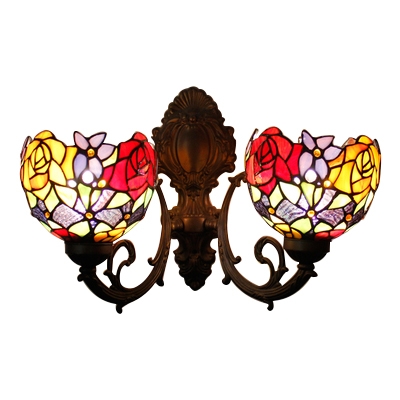 Flower Pattern Wall Mount Fixture Vintage Stained Glass Double Heads Wall Lamp in Multi Color