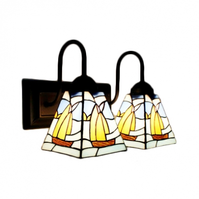 Mediterranean Tiffany Sailing Stained Glass Shade Sconce Ligting, 2 Light