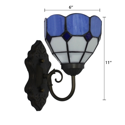 Mini Bowl Wall Sconce Industrial Tiffany Style Stained Glass Wall Light in Blue/Green
