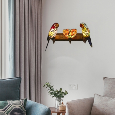 Multi Color Parrot Wall Sconce Tiffany Style Stained Glass Triple Head Decorative Wall Lamp