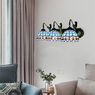 Nautical Tiffany Dome Wall Light Stained Glass 3 Head Wall Mount Light in Blue for Bedroom