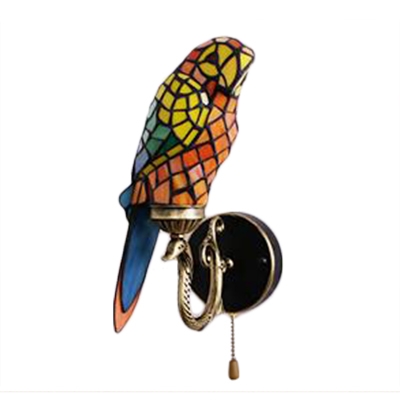 Parrot Wall Lamp Lodge Tiffany Style Stained Glass Pull Chain Wall Sconce in Yellow/Orange