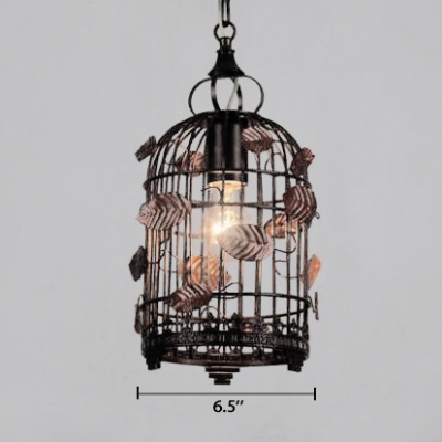 Rust Finish Bird Caged Pendant Lighting Loft Style Wrought Iron 1 Light Hanging Fixture