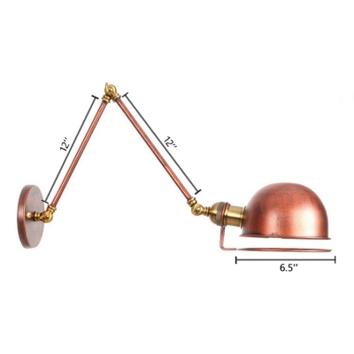 Single Light Dome Wall Lamp Vintage Steel Wall Light Sconce in Rust with Adjustable Arm