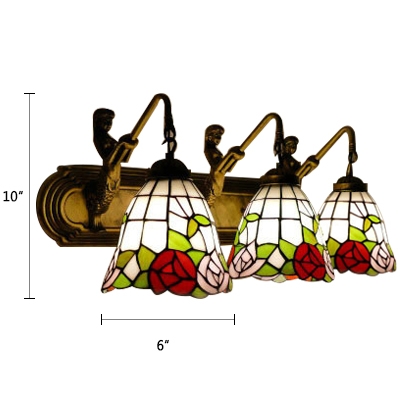 Triple Light Rosebud Wall Sconce Tiffany Style Stained Glass Accent Wall Lamp in Red