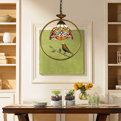 Victorian Dome Suspension Light Stained Glass 1 Bulb Bird Decoration Hanging Lamp in Multicolor