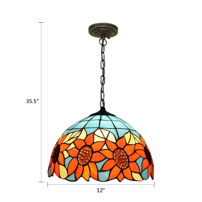 2 Lights Sunflower Design Hanging Light Tiffany Style Stained Glass Drop Light in Multi Color