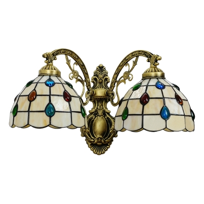 Beige Dome Wall Lighting Tiffany Style Stained Glass 2 Light Wall Lamp with Bead Decoration
