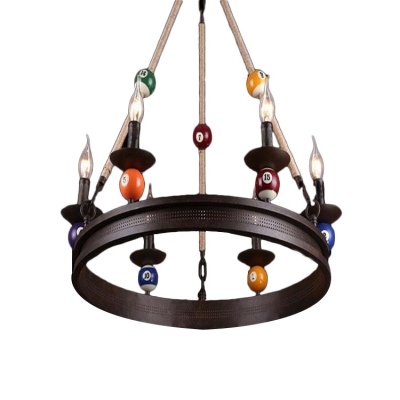 Candle Style Chandelier Industrial Vintage Iron 6 Light LED Hanging Lamp with Billiard Deco