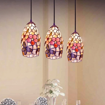 Flower and Butterfly Pendant Light Tiffany Style Shelly 3 Lights Suspended Light in Multicolor