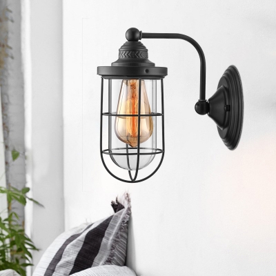Lantern Single Light Wall Sconce in Black with Clear Glass Shade Industrial Style Wire Cage Wall Lighting for Hallway Farmhouse