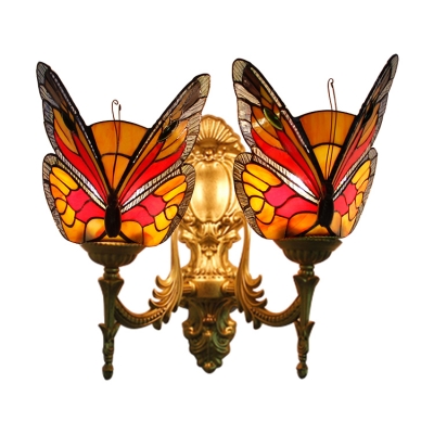 Multicolor Butterfly Lighting Fixture Tiffany Stained Glass Double Heads Wall Light