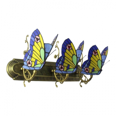 Multicolored Butterfly Wall Light Tiffany Style Stained Glass 3 Heads Wall Mount Fixture for Corridor