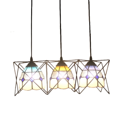 Multicolored Dome Hanging Lamp Tiffany Style Stained Glass 3 Lights Pendant Light for Foyer