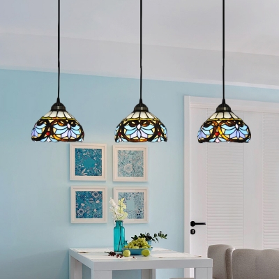 Multicolored Dome Pendant Light Victorian Vintage Stained Glass 3 Heads Art Deco Hanging Lamp